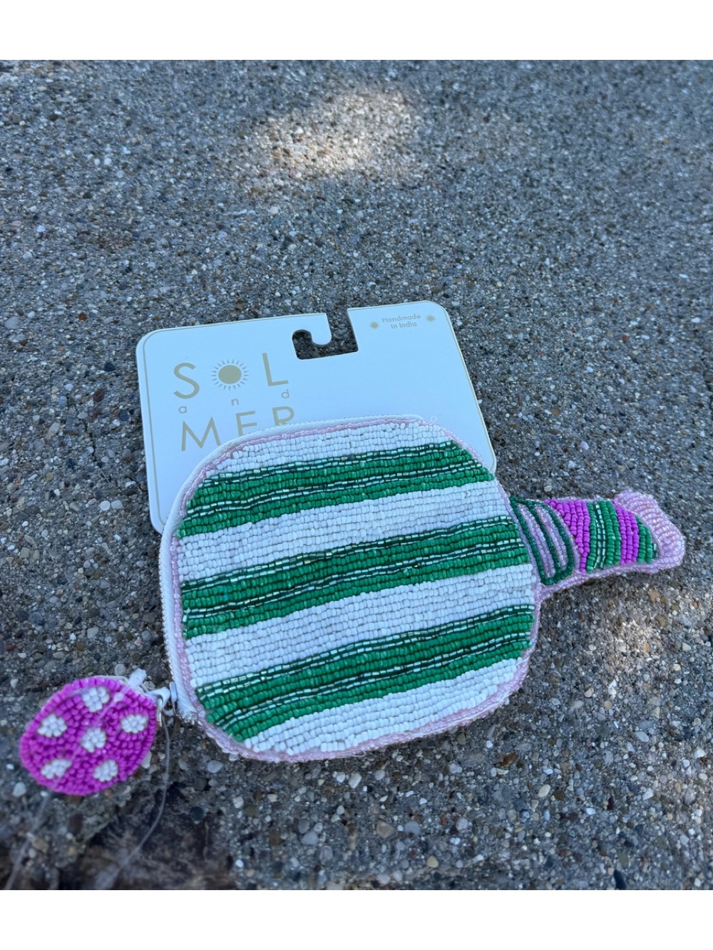 NWT Pickle Ball Green & White Beaded Wristlet Coin Purse Bag
